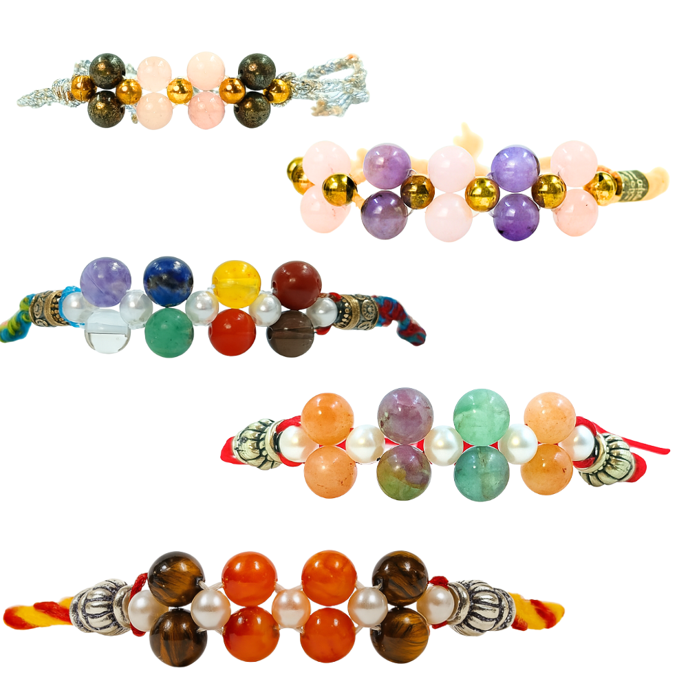 Devaāra - Combo Pack of 5 Rakhi's -Love & Harmony + Heart of Gold + Focus & Success + 7-Chakra + Courage & Confidence