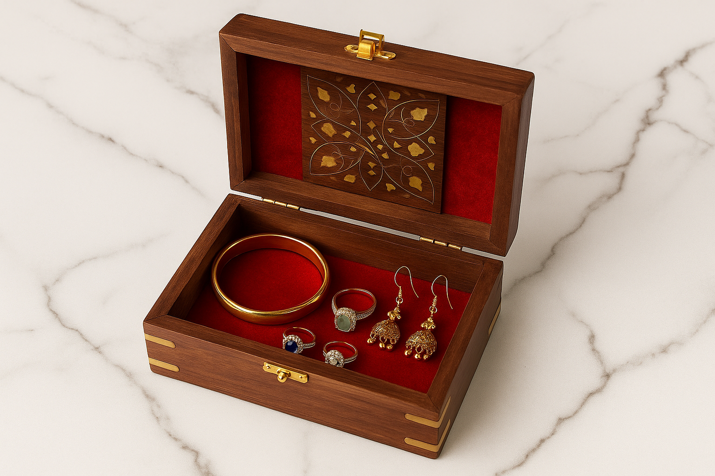 Handcrafted Wooden Jewelry Storage Box 1 with Velvet Lining & Brass Detailing