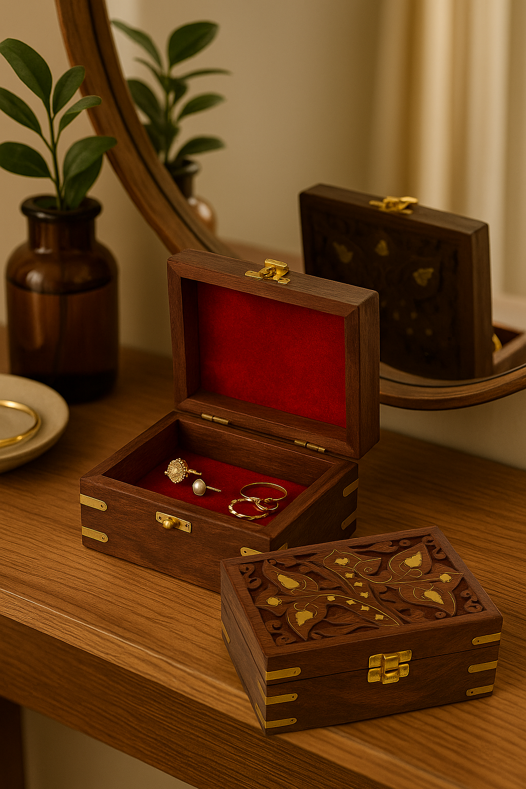 Handcrafted Wooden Jewelry Box with Brass Inlay & Lock – Small Size 1