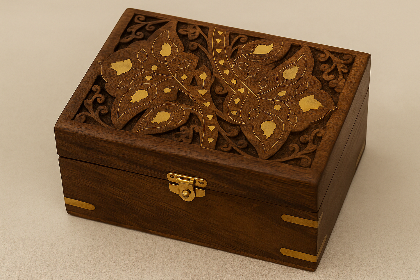 Handcrafted Wooden Jewelry Storage Box 1 with Velvet Lining & Brass Detailing