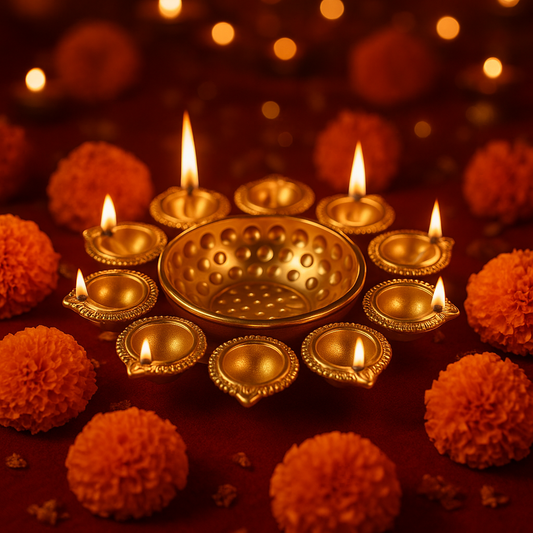 Designer 10-Diya Golden Thali for Puja & Celebrations