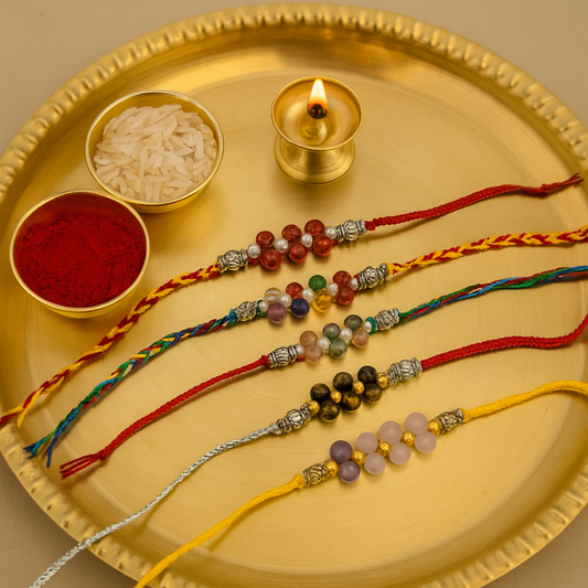 Devaāra - Combo Pack of 5 Rakhi's -Love & Harmony + Heart of Gold + Focus & Success + 7-Chakra + Courage & Confidence