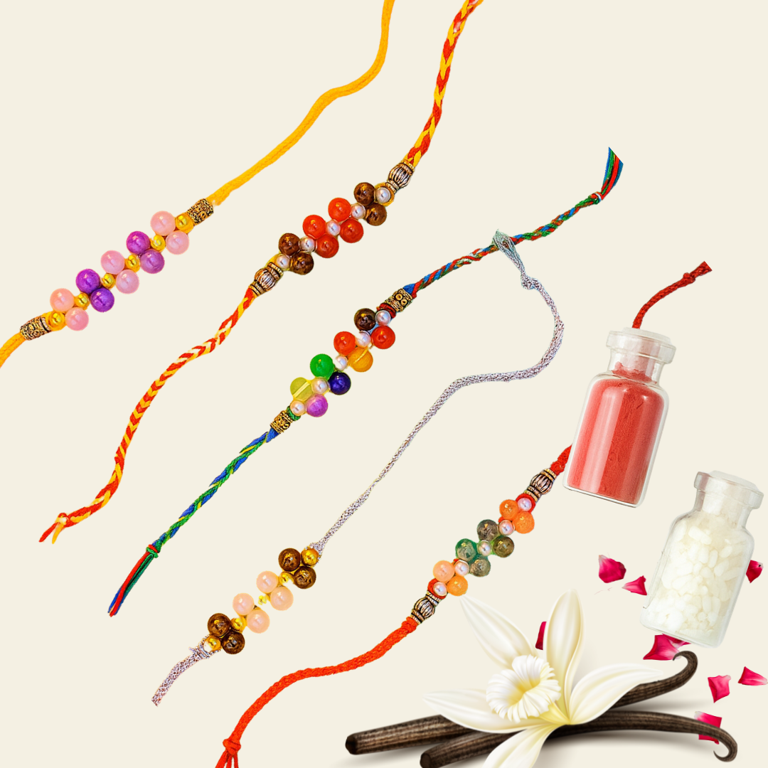 Devaāra - Combo Pack of 5 Rakhi's -Love & Harmony + Heart of Gold + Focus & Success + 7-Chakra + Courage & Confidence