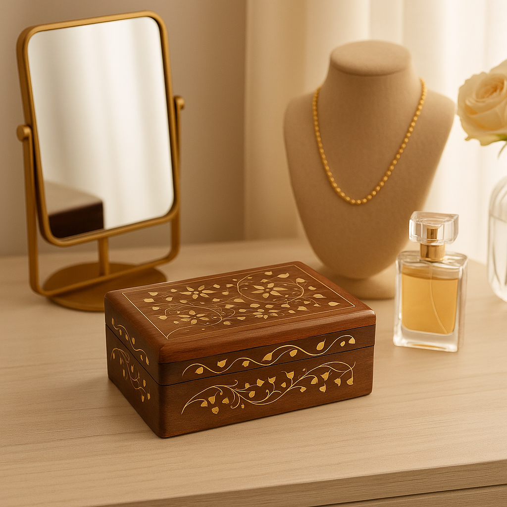 Handcrafted Wooden Jewelry Box with Brass Inlay & Lock – Small Size 2