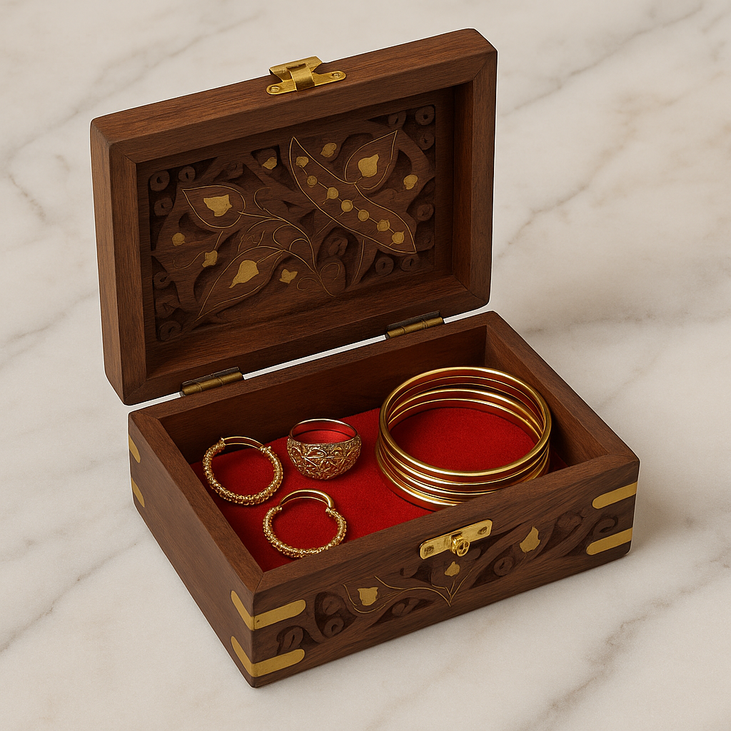 Handcrafted Wooden Jewelry Box with Brass Inlay & Lock – Small Size 1