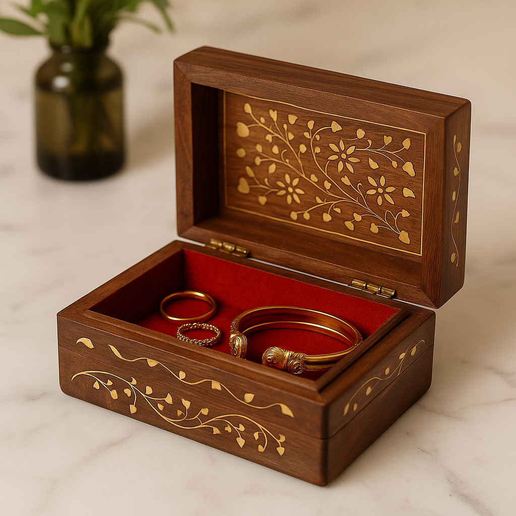 Handcrafted Wooden Jewelry Box with Brass Inlay & Lock – Small Size 2