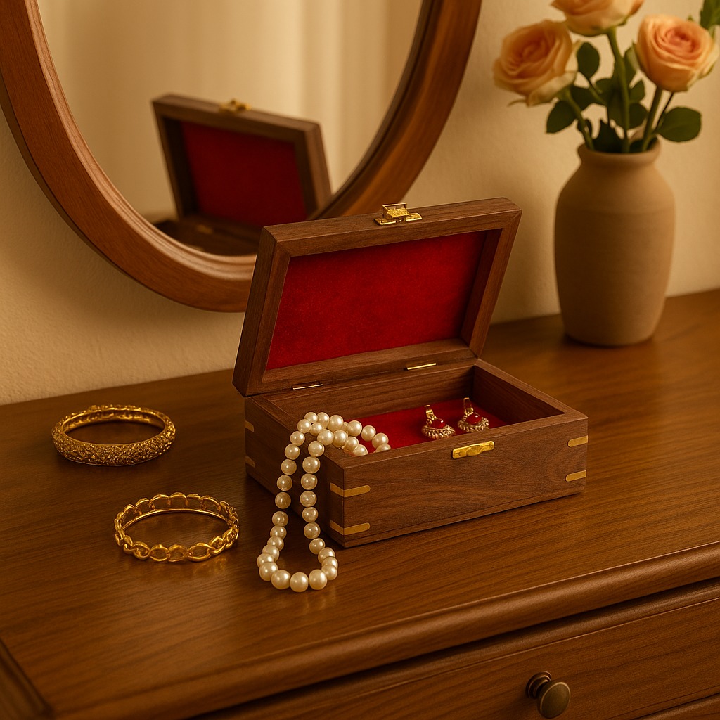 Handcrafted Wooden Jewelry Storage Box 1 with Velvet Lining & Brass Detailing