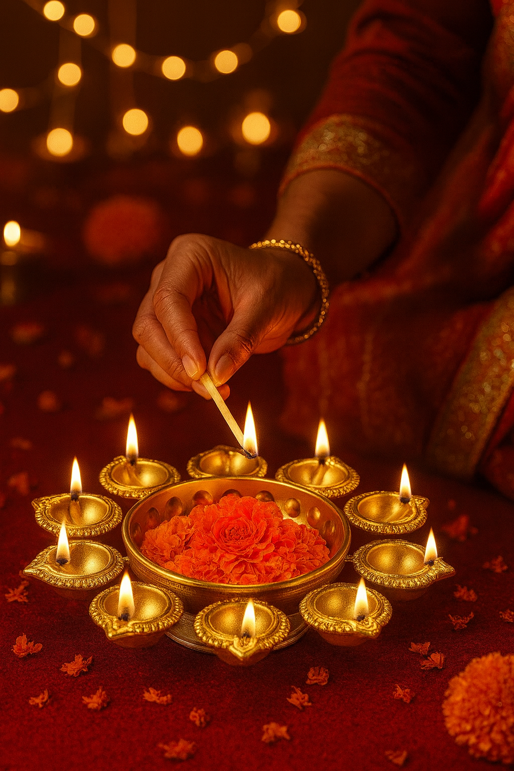 Designer 10-Diya Golden Thali for Puja & Celebrations