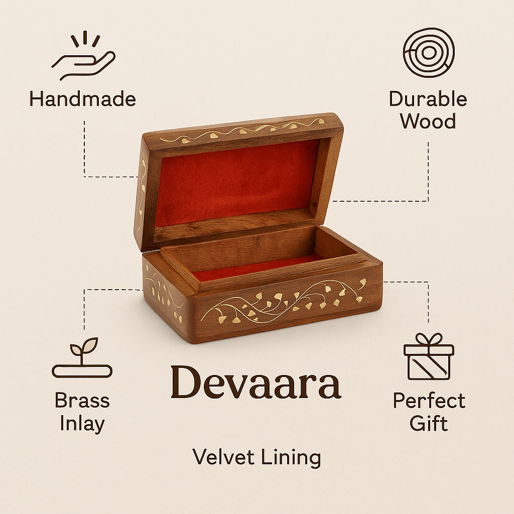 Handcrafted Wooden Jewelry Box with Brass Inlay & Lock – Small Size 2